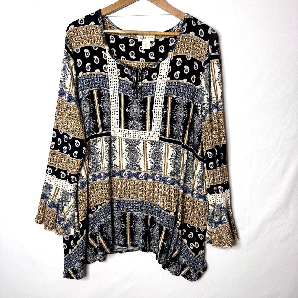 Style & Co Boho Tunic Women 3X Print Tie Neck Cottage Festival Bell Slv Flowy
